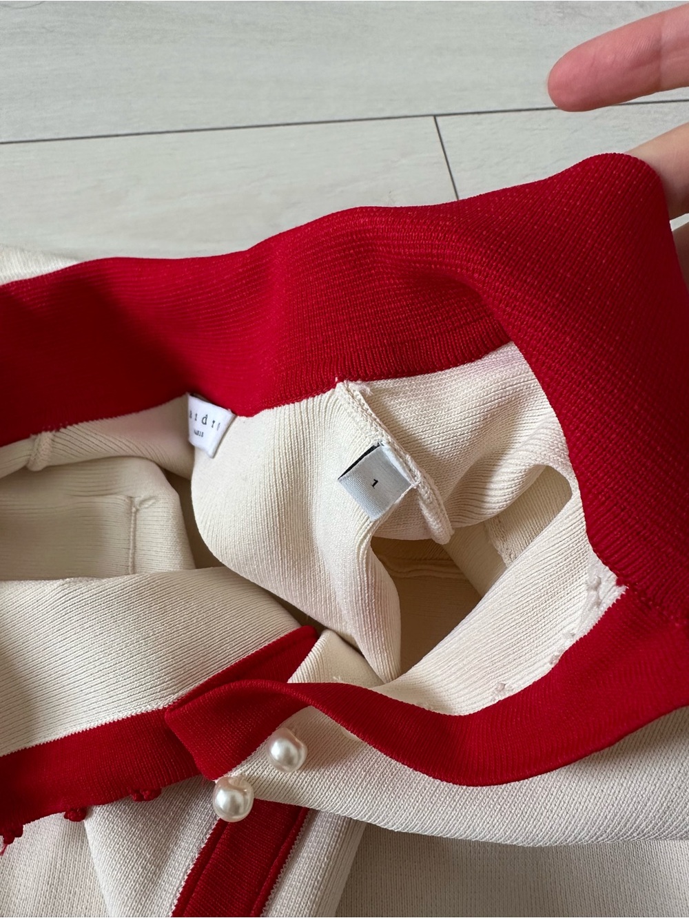Sandro Cream and Red Dress with Pearl Buttons - Picture 5 of 7